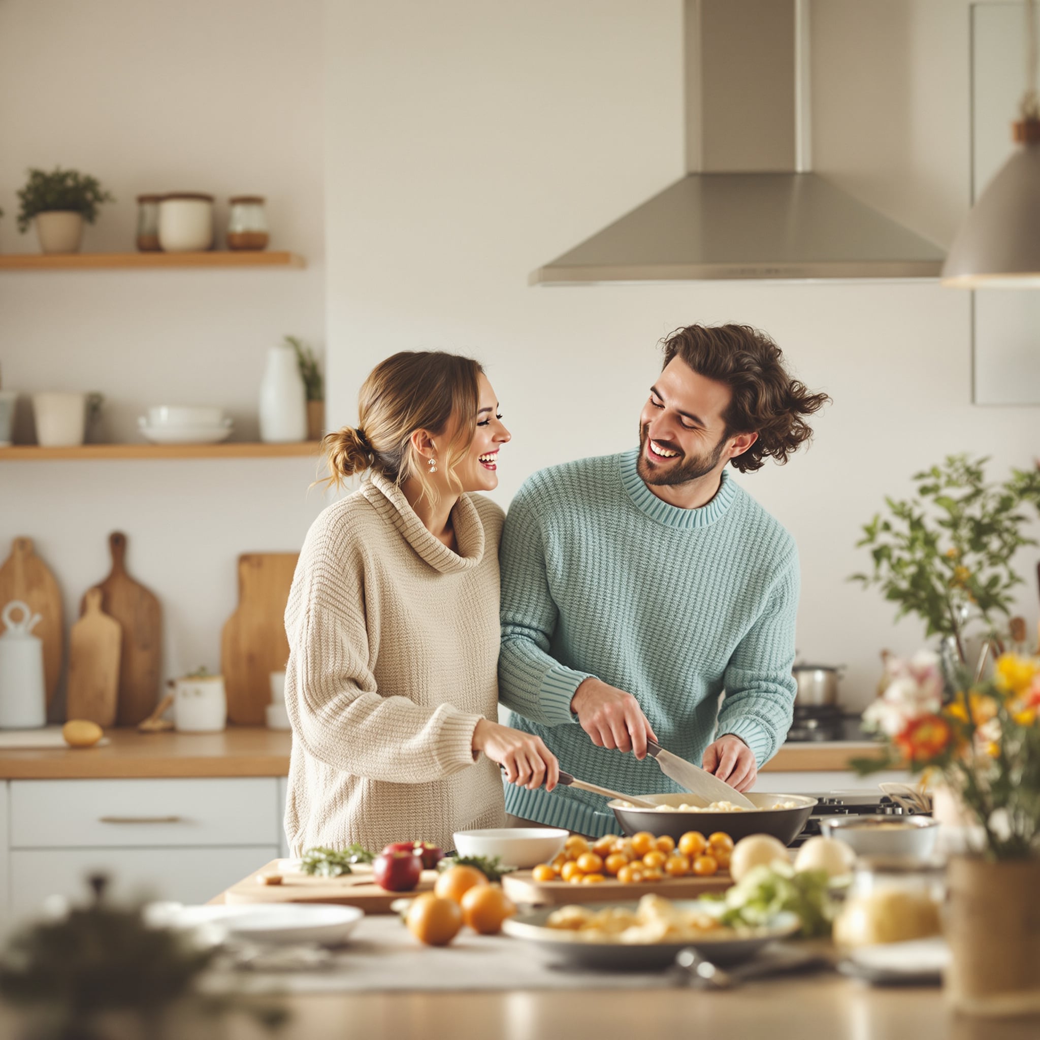 Couple laughing together at home